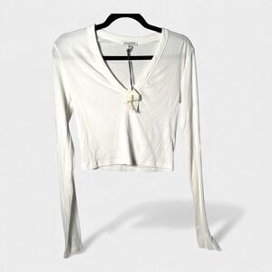 Cotton Citizen‎ NWT Malibu Ribbed Long Sleeve V-Neck Cropped Top White L